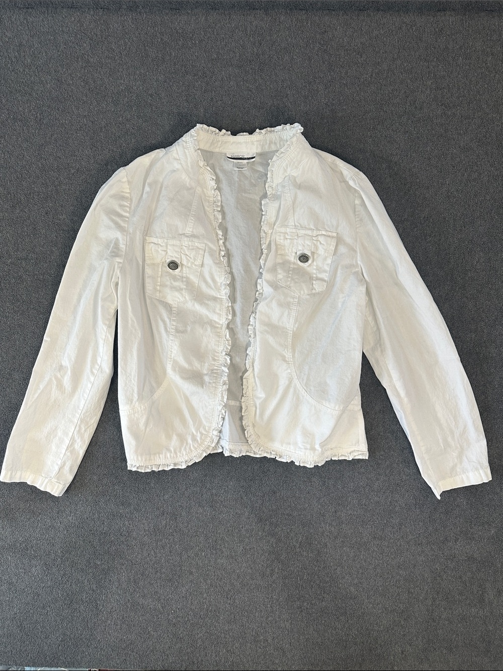 Mirror Image White Ruffle-Trim Women's Jacket with Silver Buttons (L)
